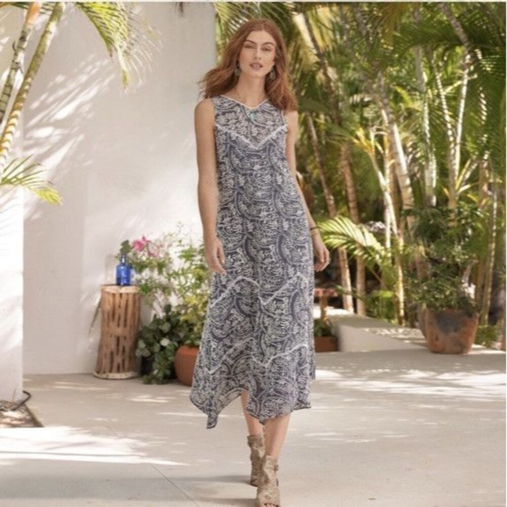 Sundance Marceline Embroidered Dress Size PXL Blue White Eyelet Boho Cottage